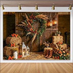 Lofaris Toile de fond de photographie rustique en bois avec couronne florale et pampa, arrière-plan de ferme pour séance photo d'automne