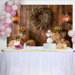 Lofaris Toile de fond de photographie rustique en bois avec bottes de foin, décor d'automne chaleureux avec lanternes et fleurs