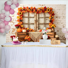 Lofaris Toile de fond d'automne pour Thanksgiving, feuilles et citrouilles, arrière-plan rustique avec fenêtre en bois pour studio photo