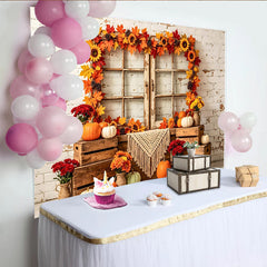 Lofaris Toile de fond d'automne pour Thanksgiving, feuilles et citrouilles, arrière-plan rustique avec fenêtre en bois pour studio photo