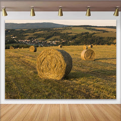 Lofaris Toile de fond de photographie paysage rural avec balles de foin et champ doré, magnifique arrière-plan naturel pour studio photo
