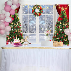 Lofaris Toile de fond de Noël avec sapins décorés, cadeaux et fenêtre enneigée, magnifique décor de fête pour studio photo hivernal