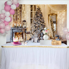 Lofaris Toile de fond de Noël avec sapin enneigé et lumières scintillantes, cheminée élégante et décor de paysage hivernal pour studio photo