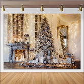 Lofaris Toile de fond de Noël avec sapin enneigé et lumières scintillantes, cheminée élégante et décor de paysage hivernal pour studio photo