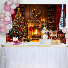 Lofaris Toile de fond de Noël cheminée et sapin décoré avec cadeaux, magnifique arrière-plan festif pour studio photo d'hiver