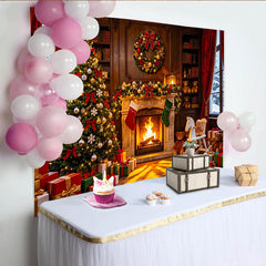 Lofaris Toile de fond de Noël cheminée et sapin décoré avec cadeaux, magnifique arrière-plan festif pour studio photo d'hiver