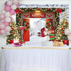 Lofaris Toile de fond de Noël pôle Nord enneigé avec sapins et lumières, magnifique décor de fête hivernale pour studio photo
