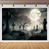 Lofaris Toile de fond d'Halloween cimetière pleine lune et brouillard, mystérieux arrière-plan de nuit avec arbres nus et croix