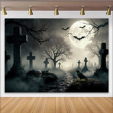 Lofaris Toile de fond d'Halloween cimetière lune chauves-souris, brumeuse avec corbeau pour décor de fête effrayant
