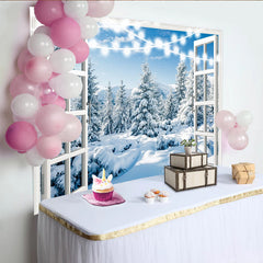 Lofaris Toile de fond de Noël avec fenêtre ouverte et paysage enneigé, arrière-plan hivernal féerique avec guirlande lumineuse