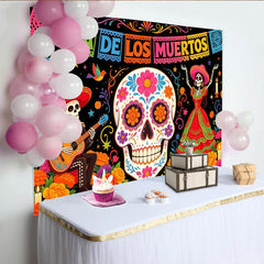 Lofaris Toile de fond colorée pour le Jour des Morts avec calavera et squelettes musiciens, festif de tradition mexicaine pour studio photo
