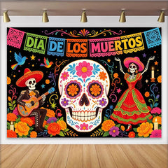 Lofaris Toile de fond colorée pour le Jour des Morts avec calavera et squelettes musiciens, festif de tradition mexicaine pour studio photo
