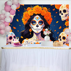 Lofaris Toile de fond Día de los Muertos avec Calavera Catrina et crânes fleuris, décor de fête mexicaine pour studio photo