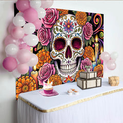 Lofaris Toile de fond Jour des Morts crâne en sucre et fleurs colorées, magnifique arrière-plan festif pour célébration mexicaine