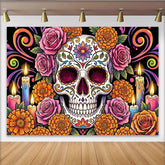 Lofaris Toile de fond Jour des Morts crâne en sucre et fleurs colorées, magnifique arrière-plan festif pour célébration mexicaine
