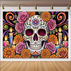 Lofaris Toile de fond Jour des Morts crâne en sucre et fleurs colorées, magnifique arrière-plan festif pour célébration mexicaine