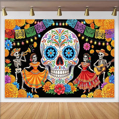Lofaris Toile de fond Fête des Morts calavera colorée avec squelettes et fleurs, magnifique arrière-plan mexicain pour célébration
