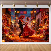 Lofaris Toile de fond colorée pour la Fête des Morts mexicaine avec squelettes dansants, magnifique arrière-plan de scène de rue festive
