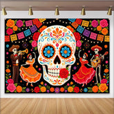 Lofaris Toile de fond Fête des Morts mexicaine, crâne en sucre et squelettes, décor festif coloré avec guirlandes et fleurs pour studio