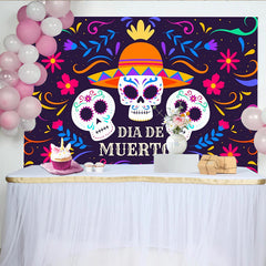 Lofaris Toile de fond Dia de Muertos colorée avec crânes et sombrero, magnifique décor de fête mexicaine avec fleurs vibrantes
