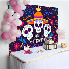 Lofaris Toile de fond Dia de Muertos colorée avec crânes et sombrero, magnifique décor de fête mexicaine avec fleurs vibrantes