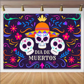 Lofaris Toile de fond Dia de Muertos colorée avec crânes et sombrero, magnifique décor de fête mexicaine avec fleurs vibrantes