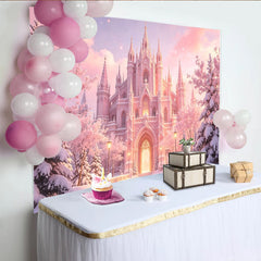Lofaris Toile de fond de photographie château de conte de fées rose hivernal, magnifique décor de rêve pour studio photo