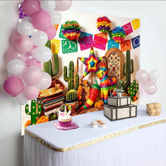 Lofaris Toile de fond colorée pour fiesta mexicaine avec papel picado et cactus, décor de fête vibrant pour studio photo et célébration