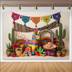 Lofaris Toile de fond de fête mexicaine colorée avec piñata et cactus, décor vibrant pour célébration et photographie