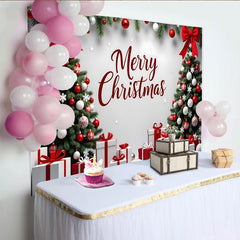 Lofaris Toile de fond de Noël avec sapins, cadeaux et boules rouges et blanches, décor festif avec flocons pour studio photo