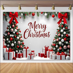 Lofaris Toile de fond de Noël avec sapins, cadeaux et boules rouges et blanches, décor festif avec flocons pour studio photo