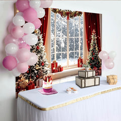 Lofaris Toile de fond de Noël enneigée avec sapins et cadeaux, magnifique arrière-plan de fête hivernale pour studio photo