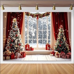 Lofaris Toile de fond de Noël enneigée avec sapins et cadeaux, magnifique arrière-plan de fête hivernale pour studio photo