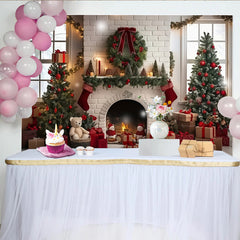 Lofaris Toile de fond de Noël cheminée briques blanches et sapins décorés, magnifique arrière-plan festif pour studio photo hivernal
