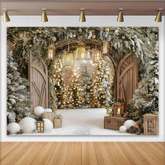 Lofaris Toile de fond de Noël rustique avec arche en bois et neige, magnifique arrière-plan hivernal pour studio photo avec lumières bokeh