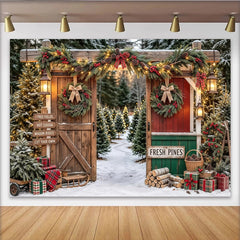Lofaris Toile de fond de Noël ferme de sapins enneigée avec arche en bois, décor festif illuminé pour photographie d'hiver