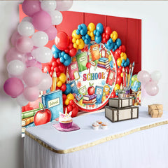 Lofaris Toile de fond pour la rentrée scolaire avec livres, crayons et globe, décor de fête éducatif et coloré pour studio photo