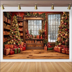 Lofaris Toile de fond de Noël, sapins décorés et fenêtre enneigée, arrière-plan festif pour studio et célébrations