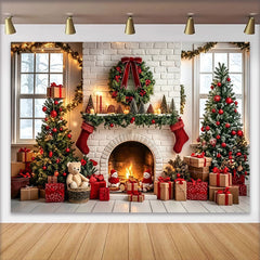 Lofaris Toile de fond de Noël avec cheminée, sapins et cadeaux lumineux, magnifique décor de fête pour studio photo