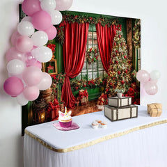 Lofaris Toile de fond de Noël festive avec sapin illuminé et rideaux rouges, élégant décor de studio pour photos de famille et célébrations