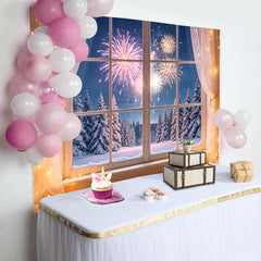 Lofaris Toile de fond pour le Nouvel An avec feux d'artifice et fenêtre, décor de fête d'hiver avec guirlandes lumineuses et arbres enneigés