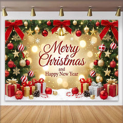 Lofaris Toile de fond de Noël et Nouvel An avec sapins décorés et cadeaux, magnifique décor festif pour célébration et studio photo