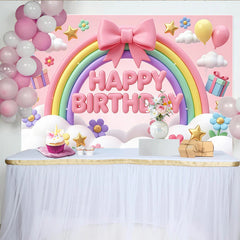 Lofaris Toile de fond rose joyeux anniversaire arc-en-ciel et nuages, magnifique décor de fête avec ballons et étoiles pour enfants