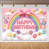 Lofaris Toile de fond rose joyeux anniversaire arc-en-ciel et nuages, magnifique décor de fête avec ballons et étoiles pour enfants