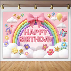 Lofaris Toile de fond rose joyeux anniversaire arc-en-ciel et nuages, magnifique décor de fête avec ballons et étoiles pour enfants