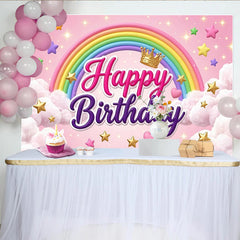 Lofaris Toile de fond rose joyeux anniversaire arc-en-ciel pour fille avec étoiles et nuages, magnifique décor de fête pour séance photo