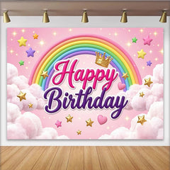 Lofaris Toile de fond rose joyeux anniversaire arc-en-ciel pour fille avec étoiles et nuages, magnifique décor de fête pour séance photo