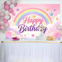 Lofaris Toile de fond joyeux anniversaire arc-en-ciel pastel avec étoiles et couronne, magnifique décor de fête pour fille