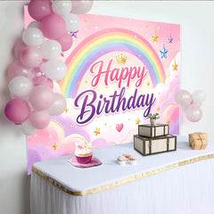 Lofaris Toile de fond joyeux anniversaire arc-en-ciel pastel avec étoiles et couronne, magnifique décor de fête pour fille