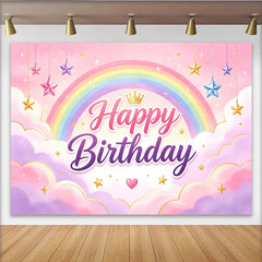 Lofaris Toile de fond joyeux anniversaire arc-en-ciel pastel avec étoiles et couronne, magnifique décor de fête pour fille